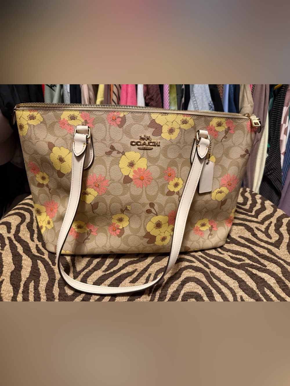 Coach Beige Floral Signature Tote with Yellow & Pink Flowers